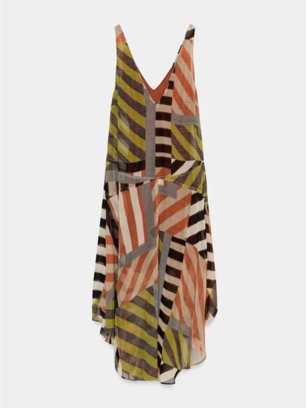 Zara Asymmetrical Sleeveless V-Neck Midi Dress in Olive, Coral & Black